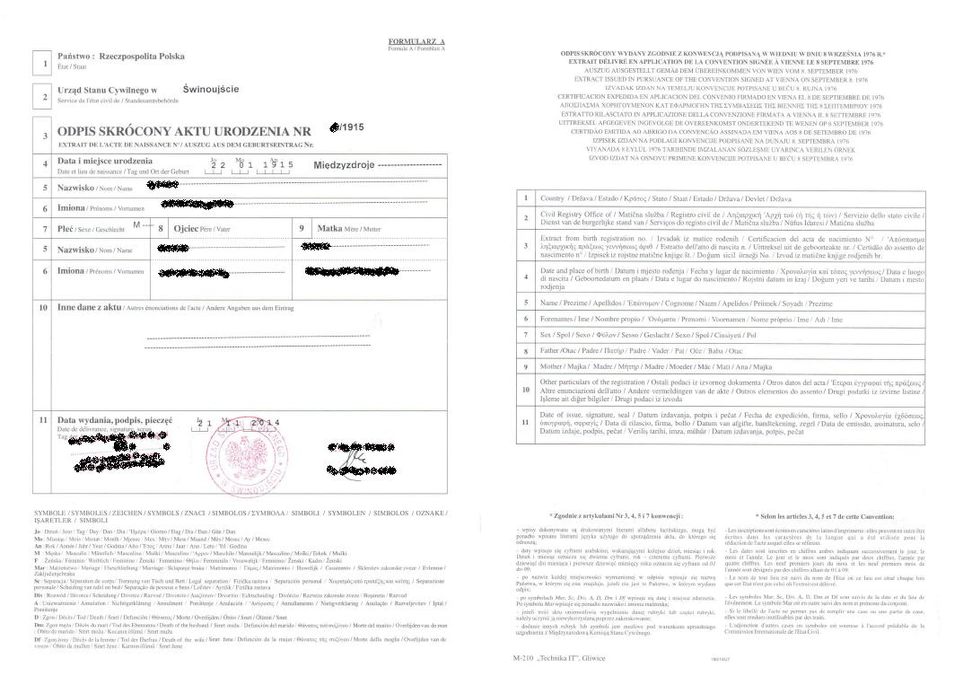 Mehrsprachige Internationale Geburtsurkunde aus Polen