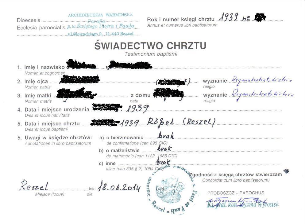 Taufurkunde aus Polen, Urkunden Polen