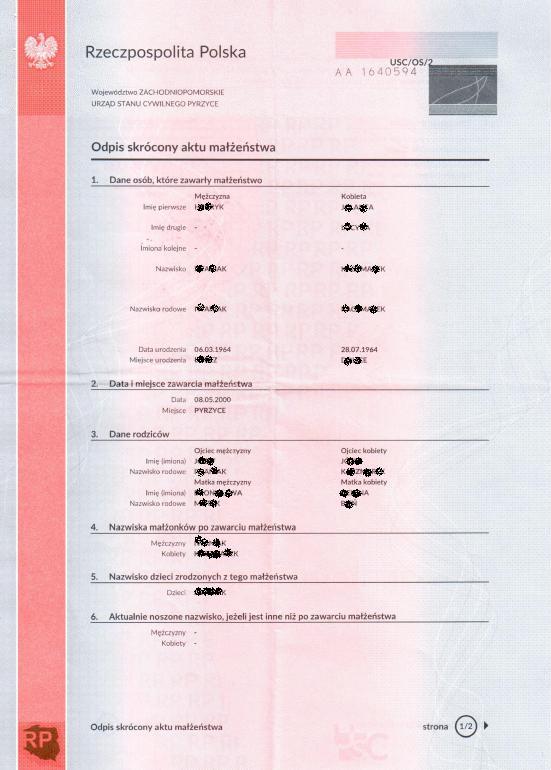 Gekürzte Abschrift der Heiratsurkunde aus polen, ein vom Standesamt in Polen ausgestelltes Original.