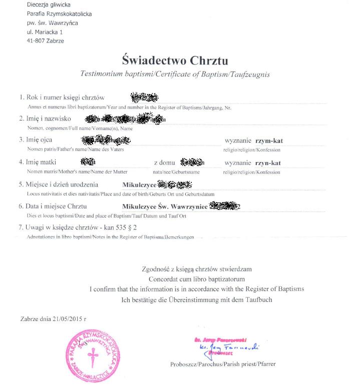 Taufzeugnis aus Polen, Taufurkunde aus Polen, Taufschein aus Polen, Abschrift der Taufurkunde aus Polen
