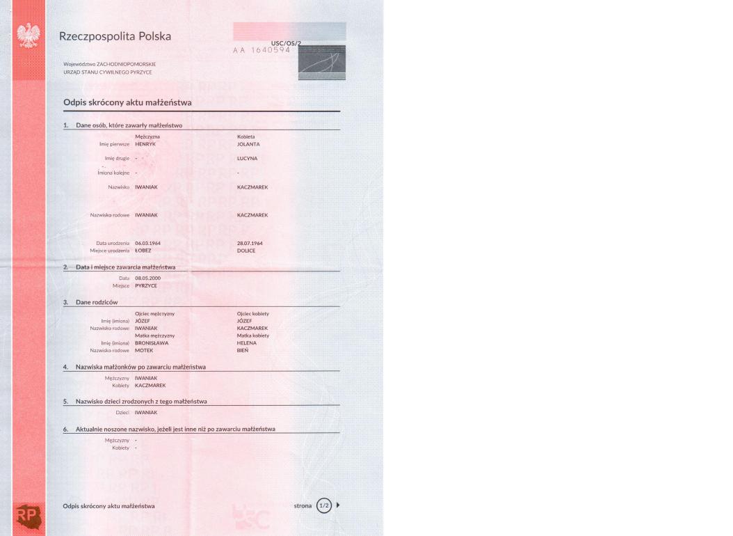 gekürzte Abschrift der Heiratsurkunde aus Polen