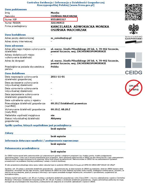 Beispiel – Steueridentifikationsnummer NIP in Polen, Steuernummer NIP in Polen, NIP Nummer in Polen